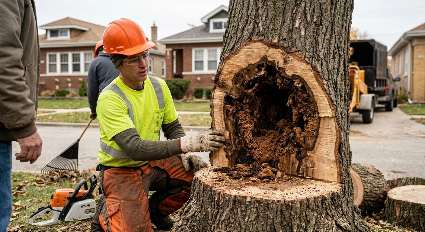 Decayed hollow trunk revealing internal rot after a careful sectional cut