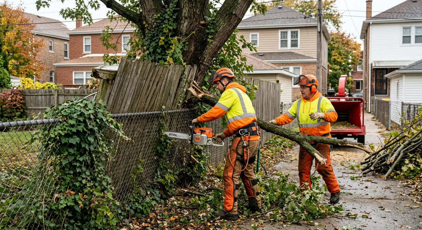 Overgrown neglected tree crowding a fence line ahead of removal work