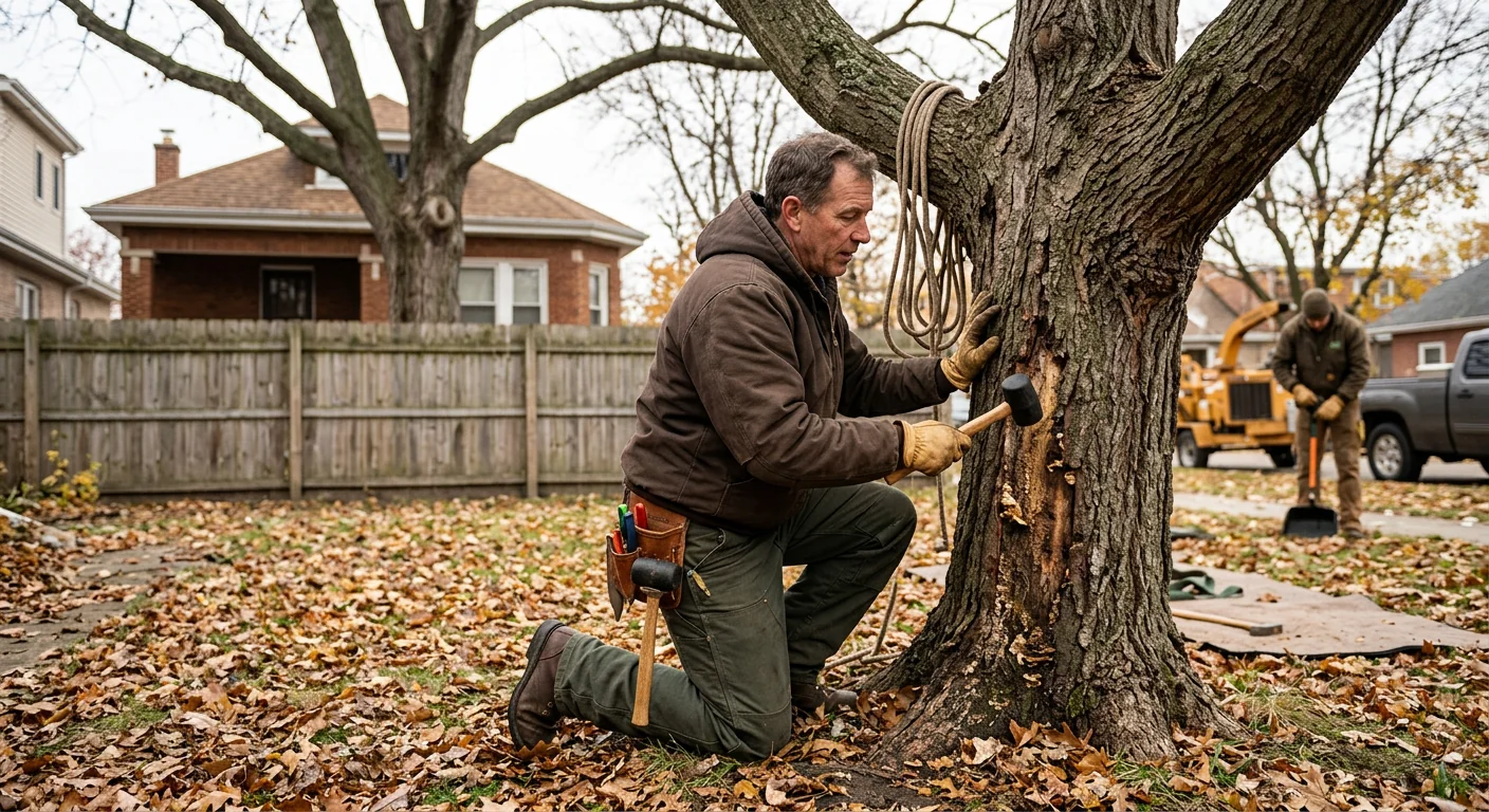 Arborist inspecting a mature backyard tree trunk for decay in Cicero
