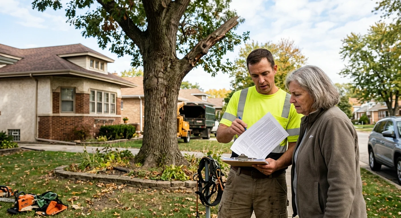 Homeowner reviewing a written tree risk report on a Cicero property