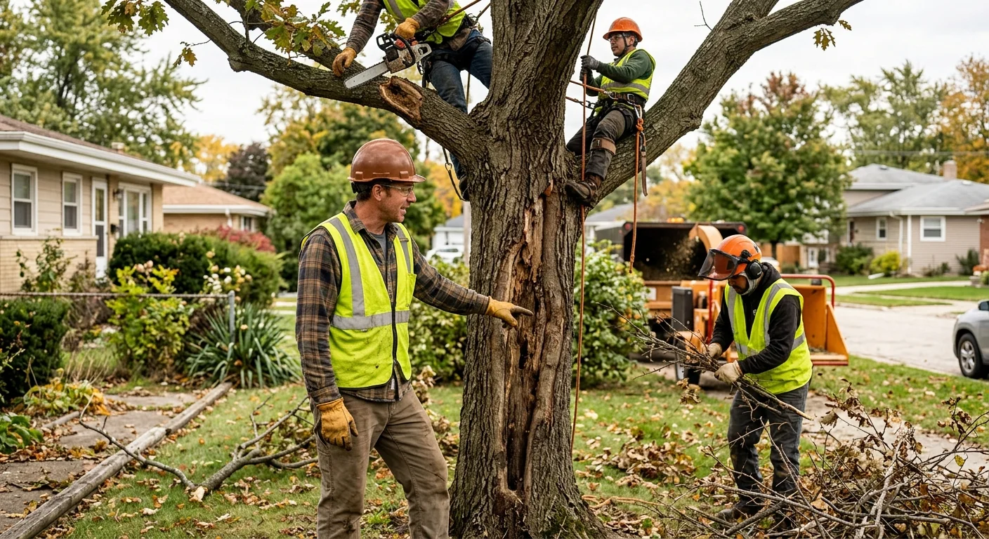 Arborist inspecting a mature backyard tree during a Cicero risk assessment visit