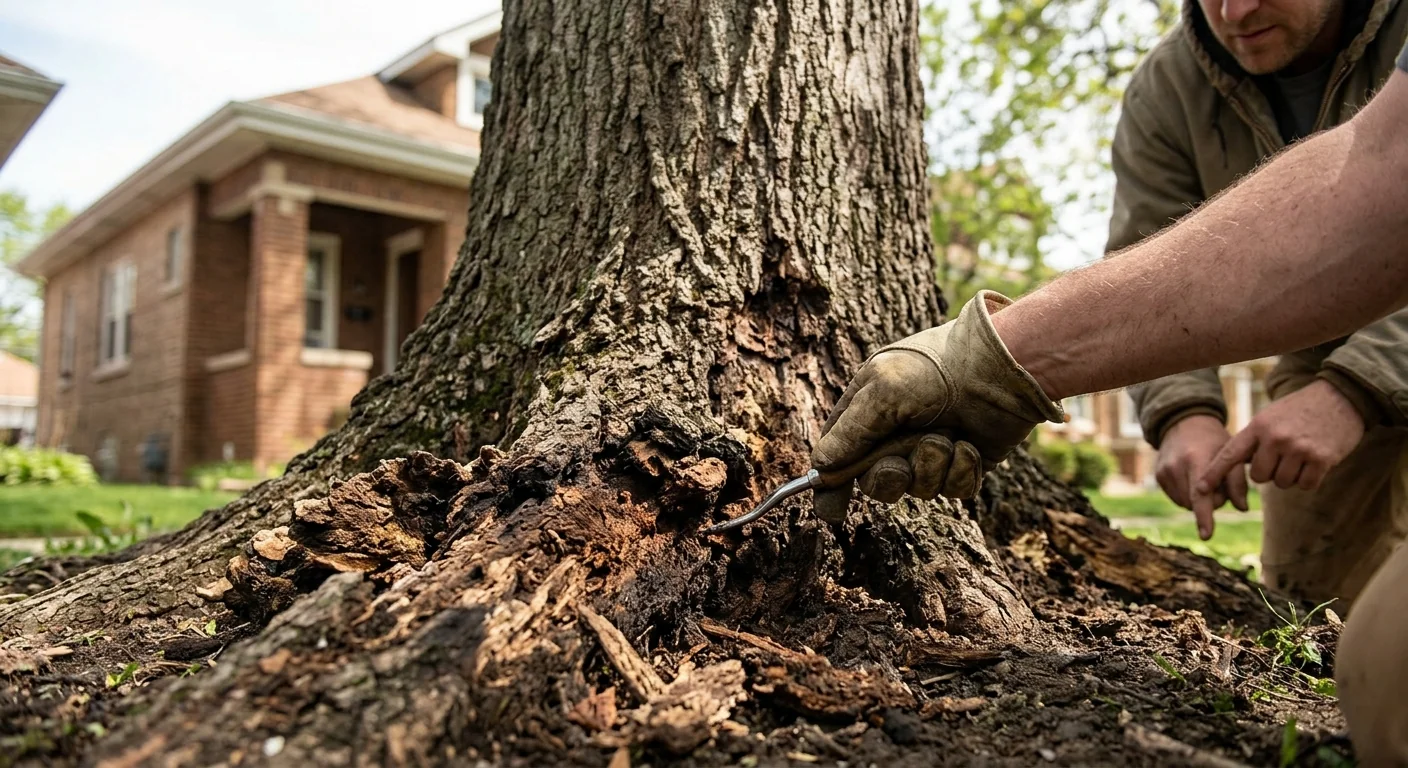 Close-up of decayed root collar on an aging Cicero backyard tree
