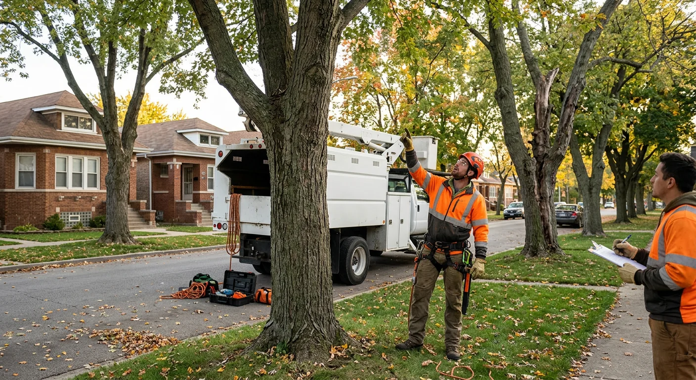 Wide view of arborist assessing tall parkway maples along a Cicero street