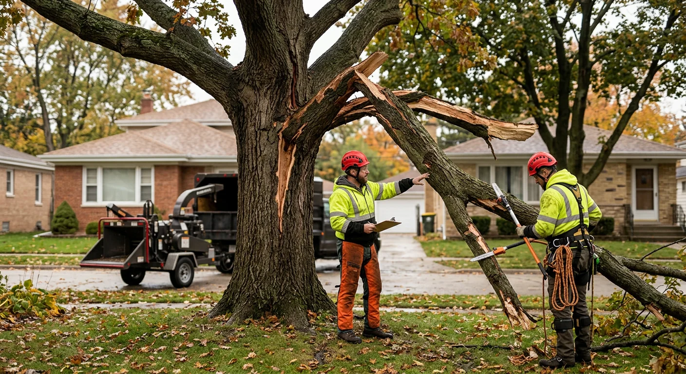 Storm-damaged oak with cracked limbs before risk assessment in a Cicero yard
