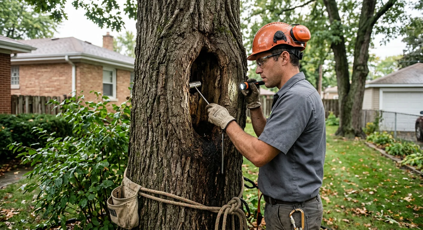 Arborist probing a hollow trunk cavity during a tree inspection