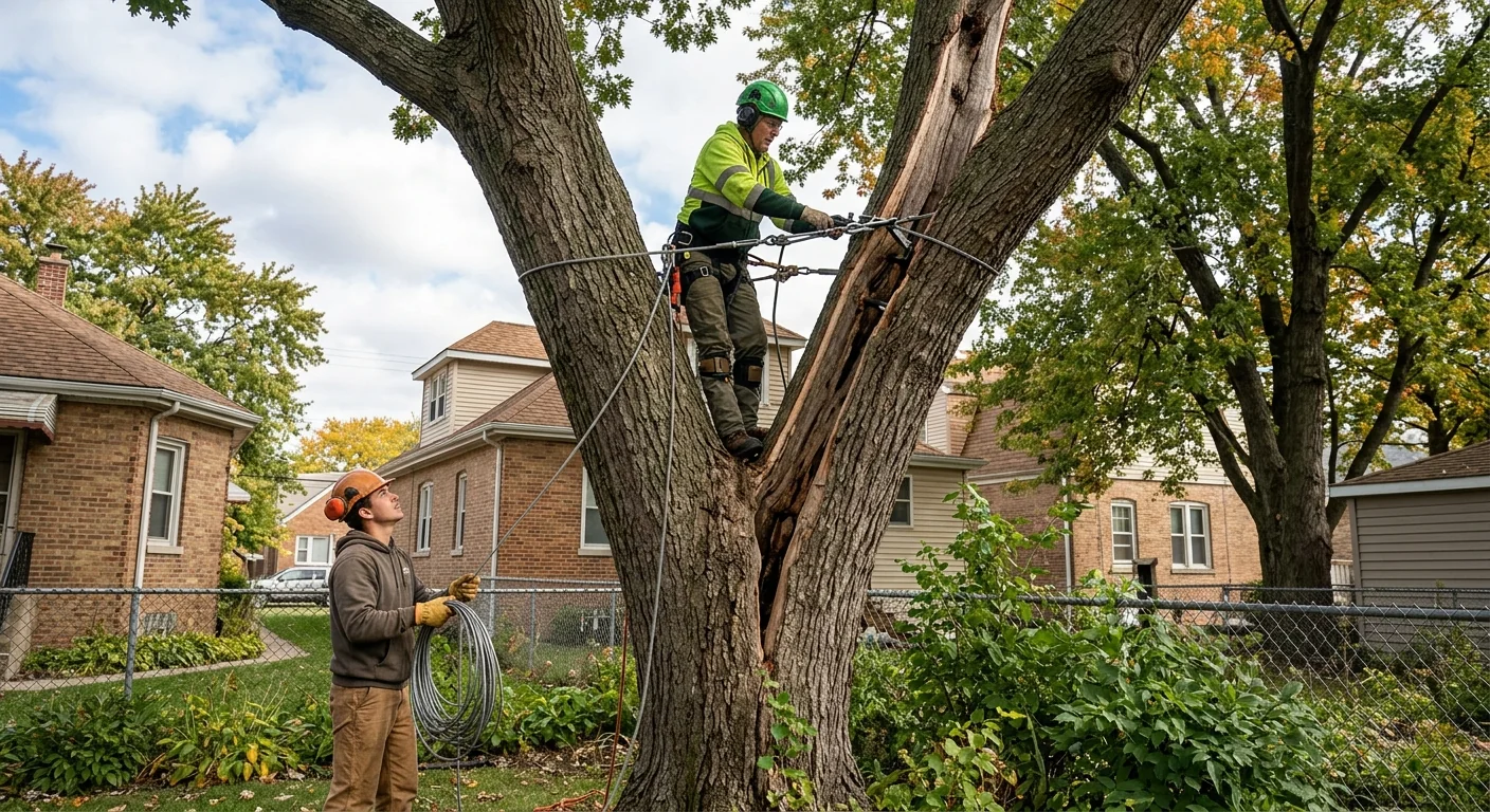 Restored tree with fresh cabling supporting a split trunk on a residential lot