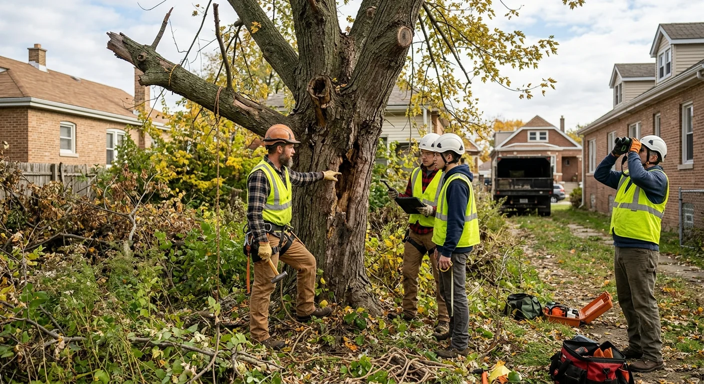 Crew evaluating neglected lot trees for structural defects and canopy decline
