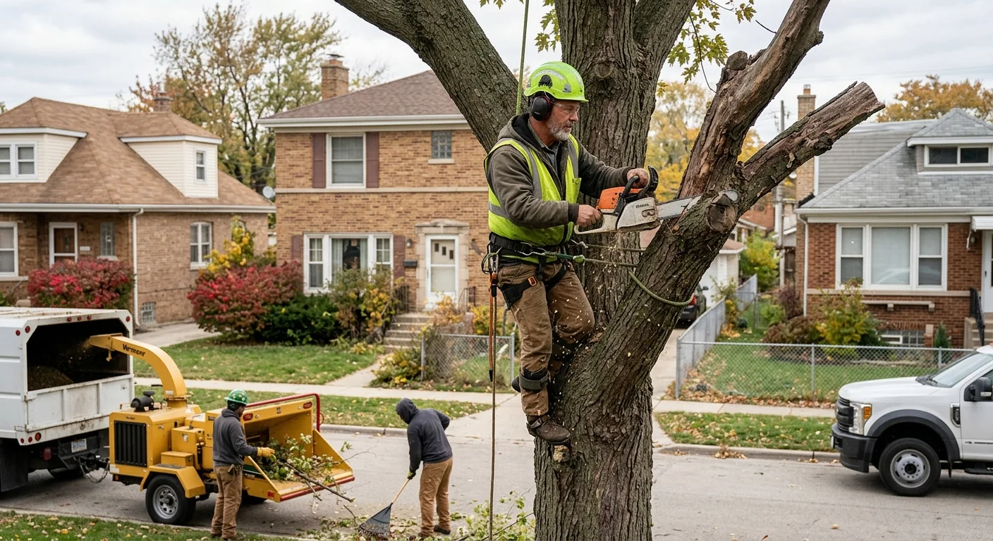 Arborist reviewing a restoration pruning plan with a homeowner beside a mature tree in Cicero
