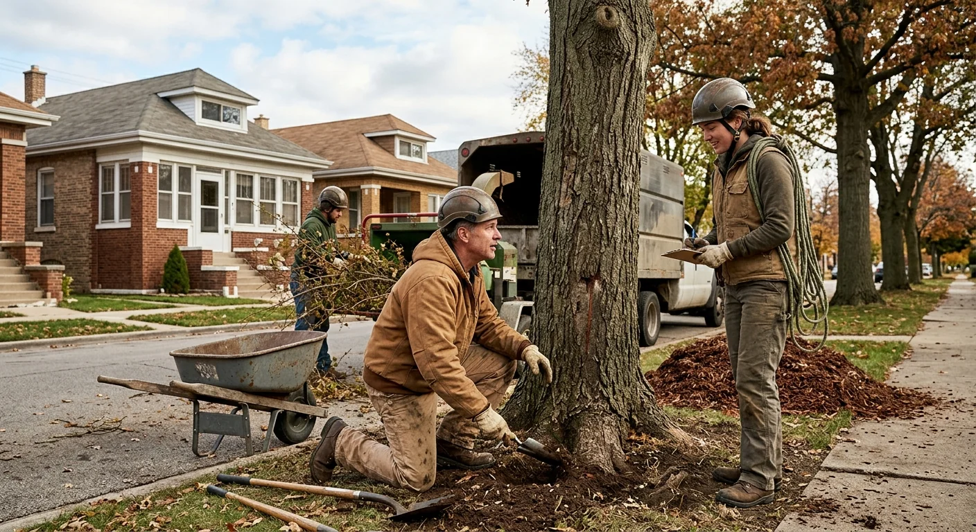 Arborists restoring an aging shade tree canopy on a Cicero residential street
