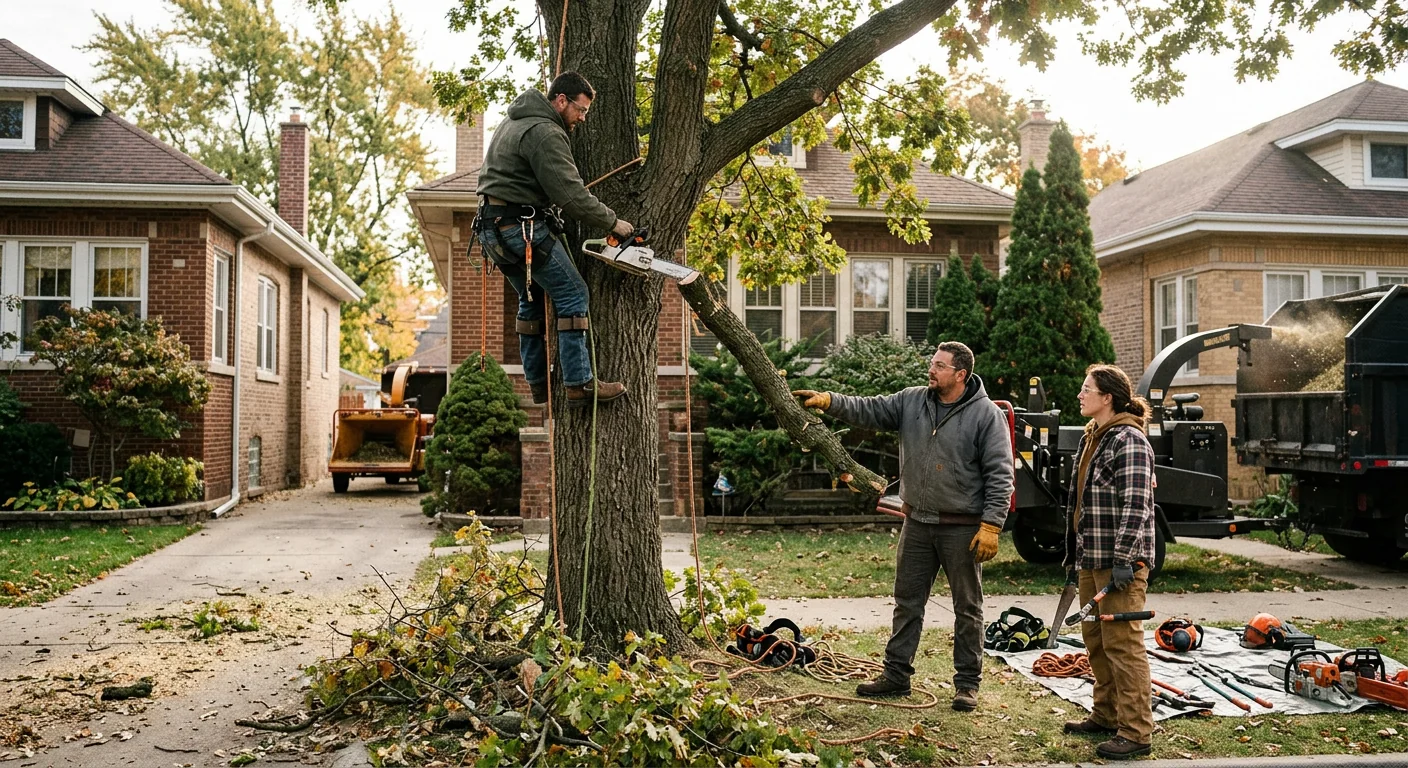 Tree crew staging rigging and saws on a residential Cicero property