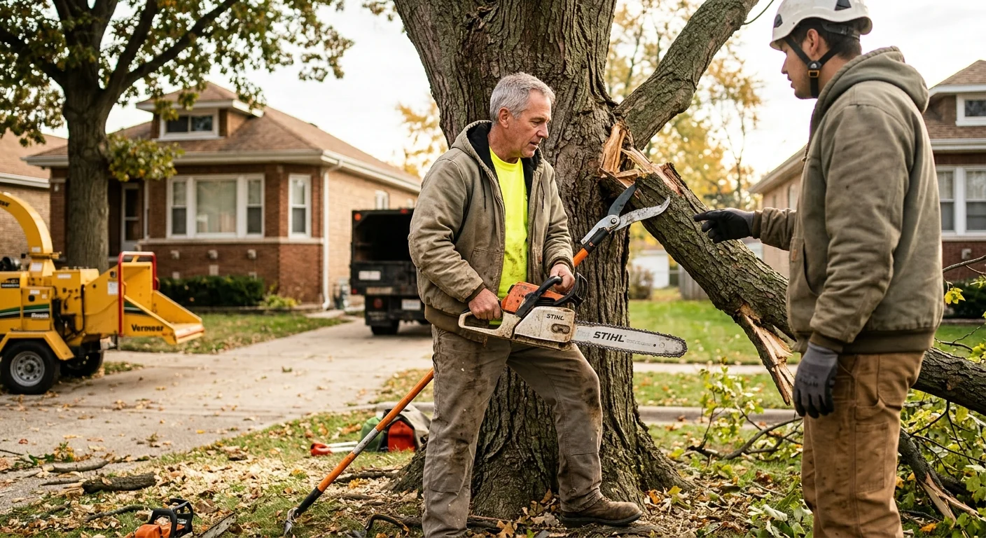 Tree service crew reviewing a restoration plan with a Cicero homeowner in the yard