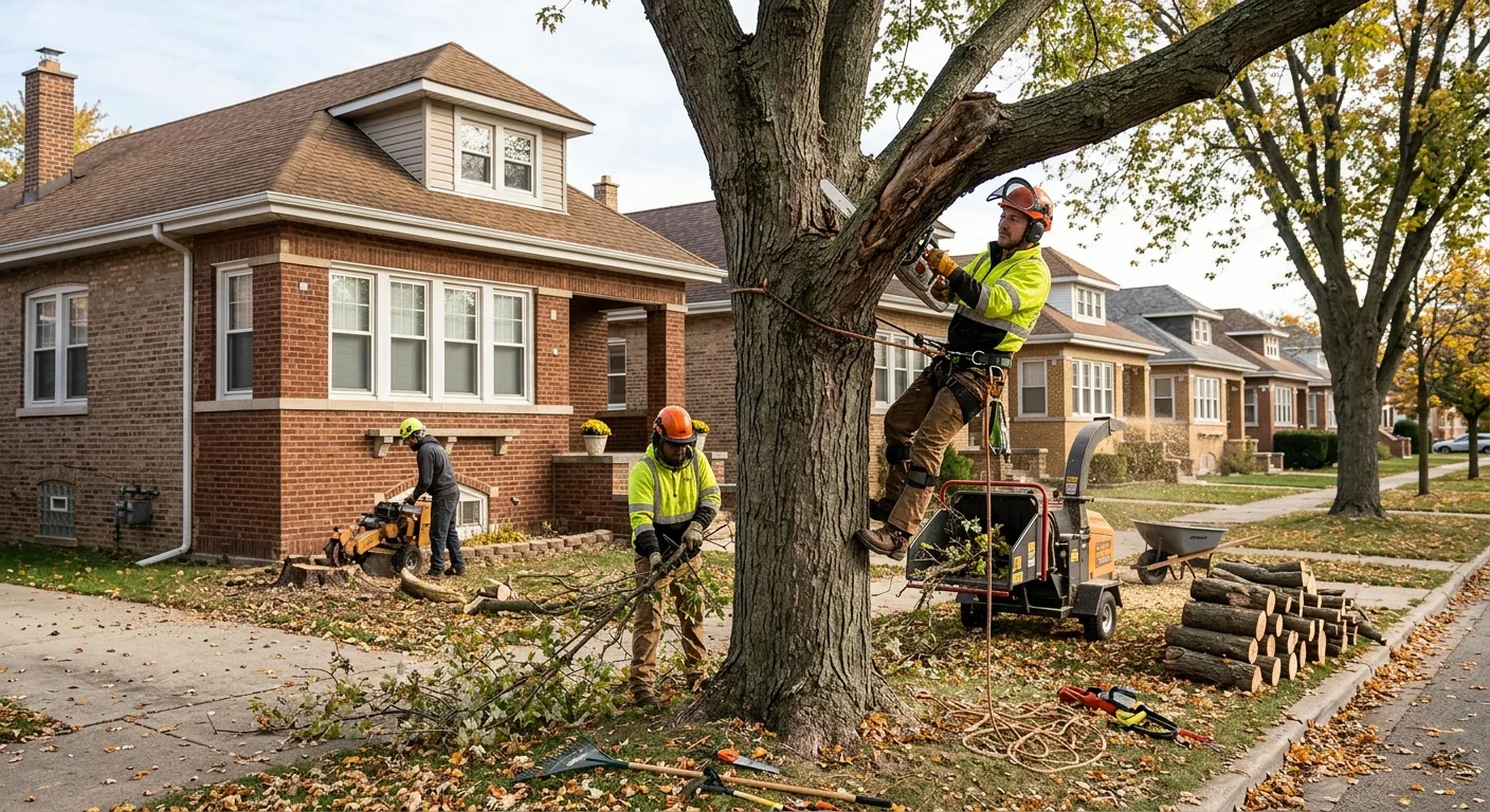 Tree crew restoring a mature parkway tree in a Cicero residential neighborhood