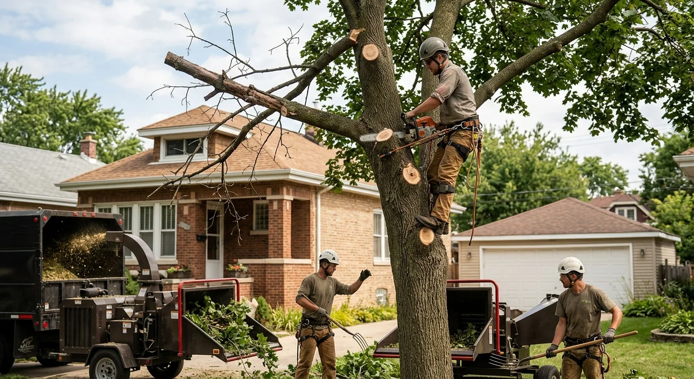 Arborist inspecting a storm-damaged mature tree over a Cicero residential backyard