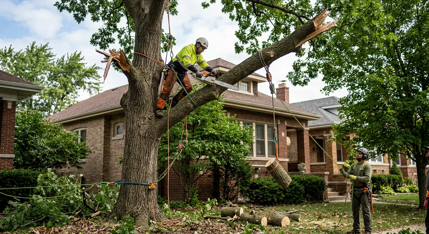 Arborist sectioning a large storm-damaged tree with rigging ropes in a Cicero backyard
