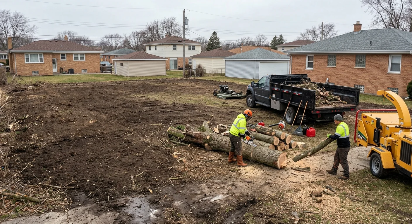 Wide view of a cleared residential lot after brush removal on an overcast Illinois day