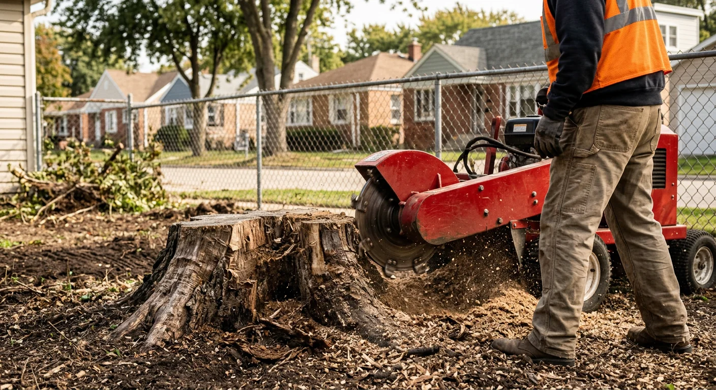 Close-up of stump grinder chewing through a hardwood stump near a suburban fence line