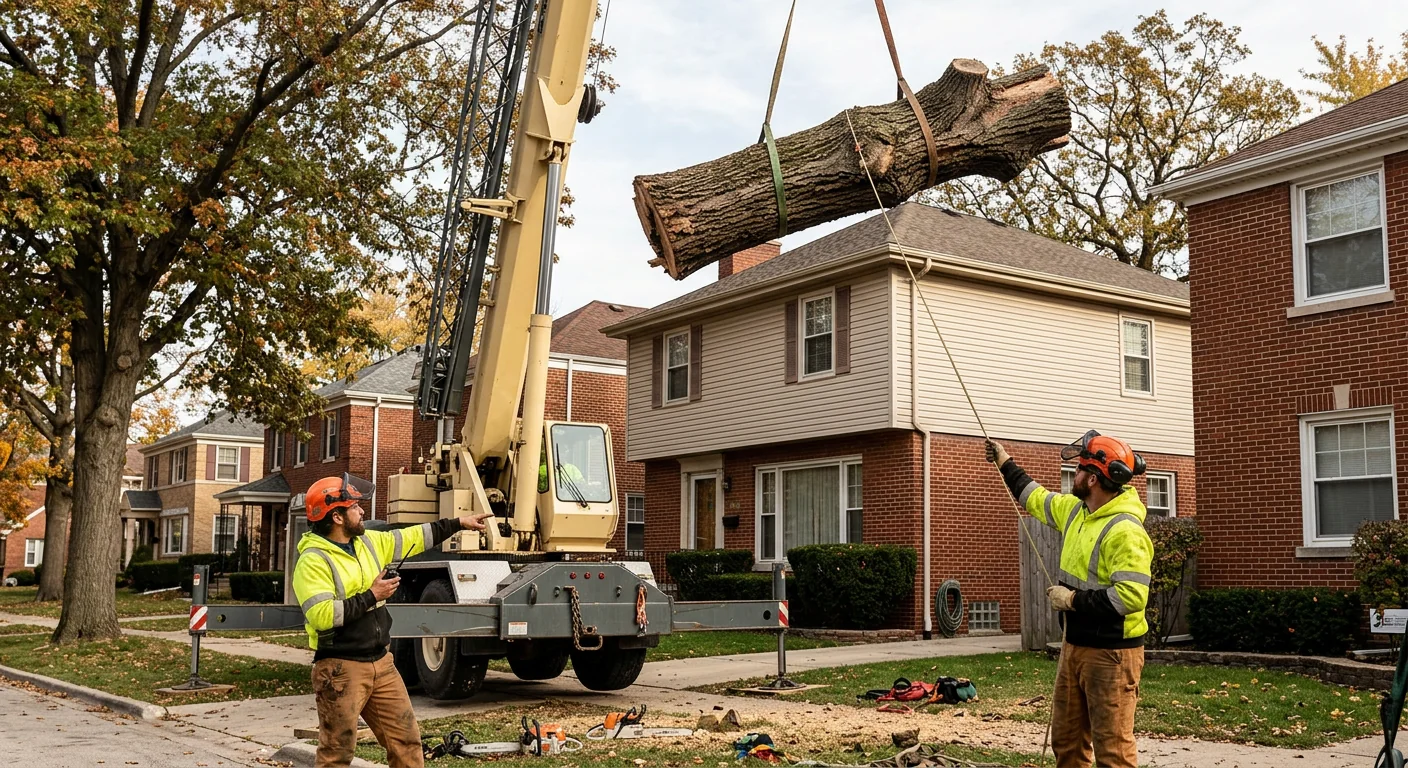 Crane lifting a heavy tree section over a two-story home in a tree-lined neighborhood