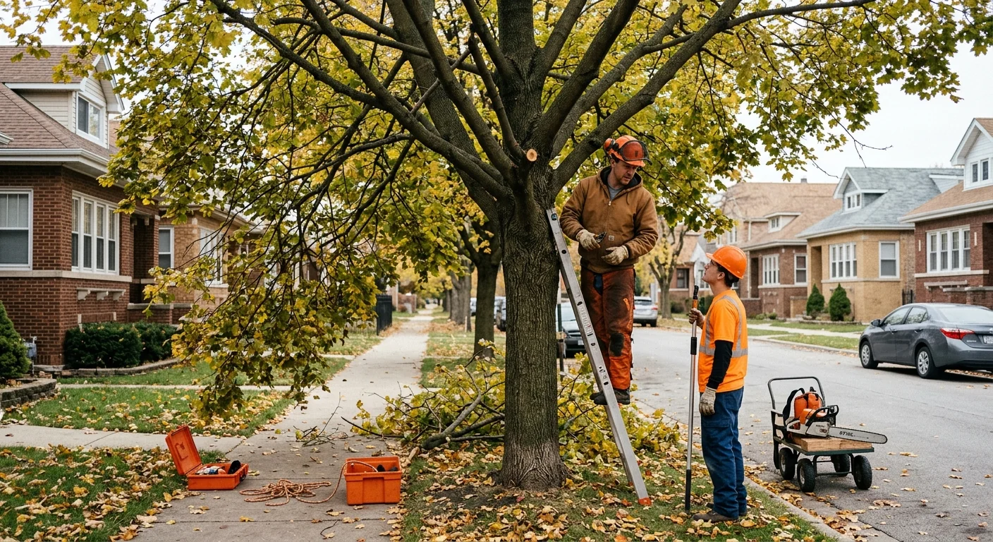 Overgrown parkway maple before corrective pruning along an older residential street
