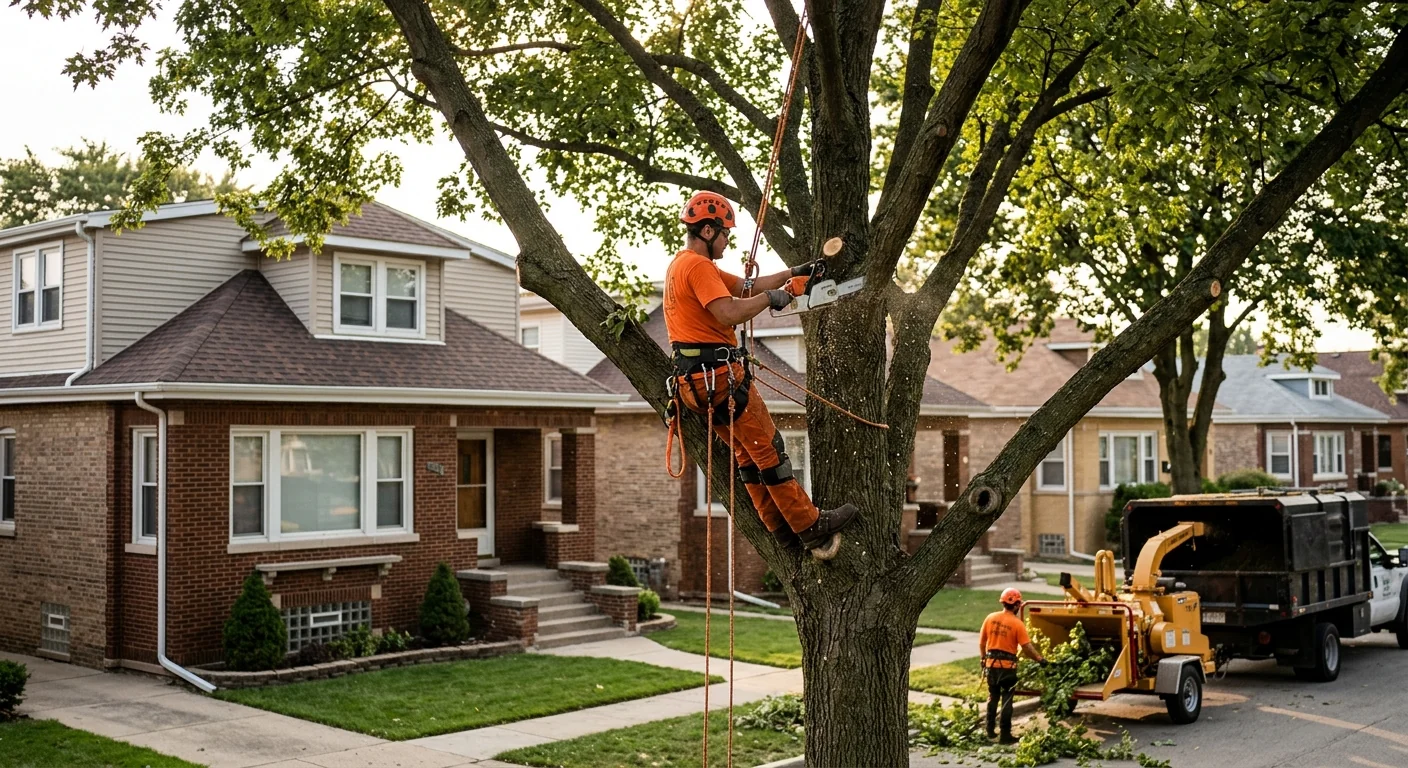 Freshly pruned tree canopy with balanced crown thinning above a tidy front yard