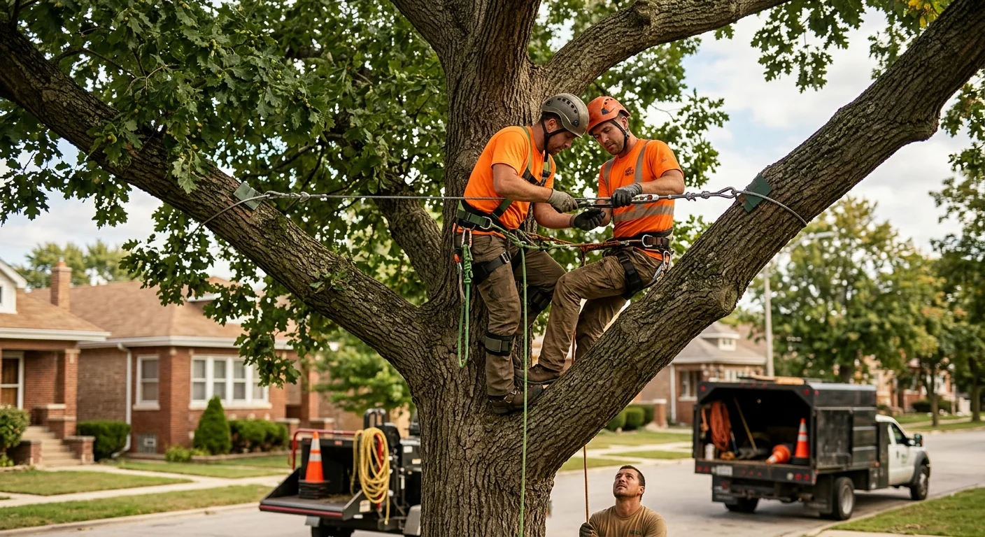 Worker installing cabling and bracing hardware in the upper limbs of a mature oak
