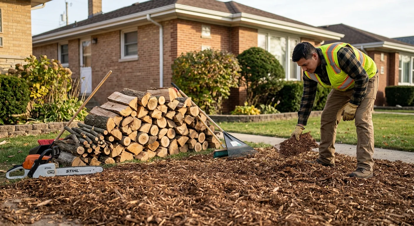 Cleaned property with mulched ground and stacked logs after full tree removal service