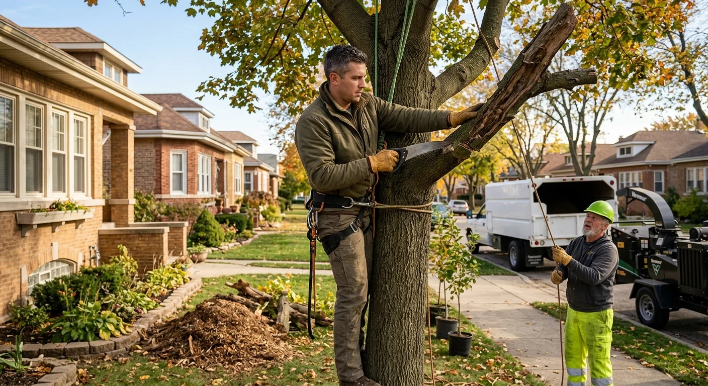 Arborist taking a phone call before dispatching a crew to a Cicero property