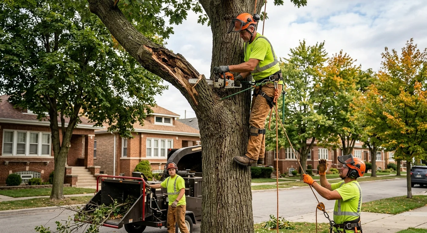Tree service crew in safety gear inspecting rigging before a removal in Cicero