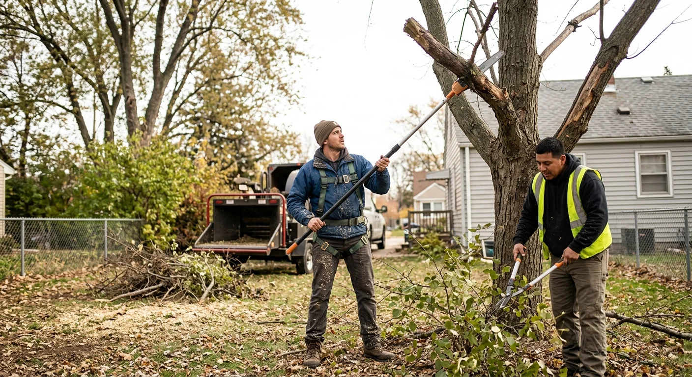 Tree service crew reviewing a completed job with a Cicero homeowner in the yard