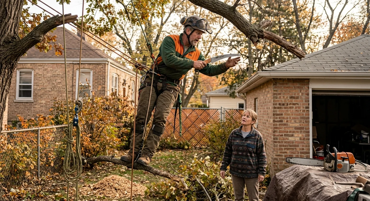 Experienced tree crew assessing a mature oak on a Cicero property