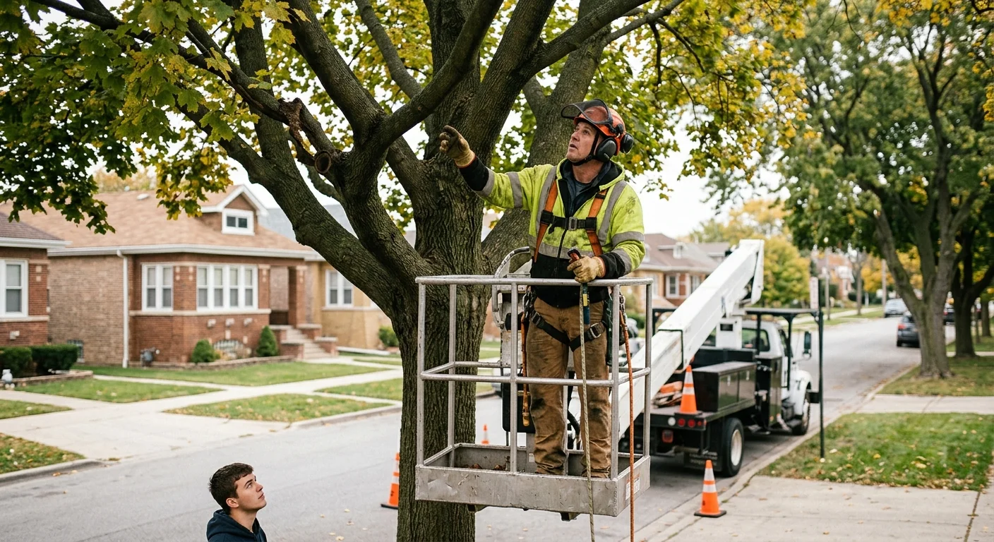 Arborist assessing a tall maple canopy before trimming on a Cicero property