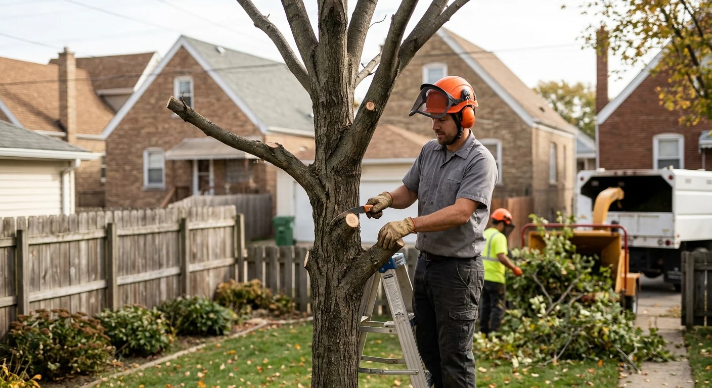 Trimmed backyard tree with balanced crown after corrective pruning in a residential neighborhood