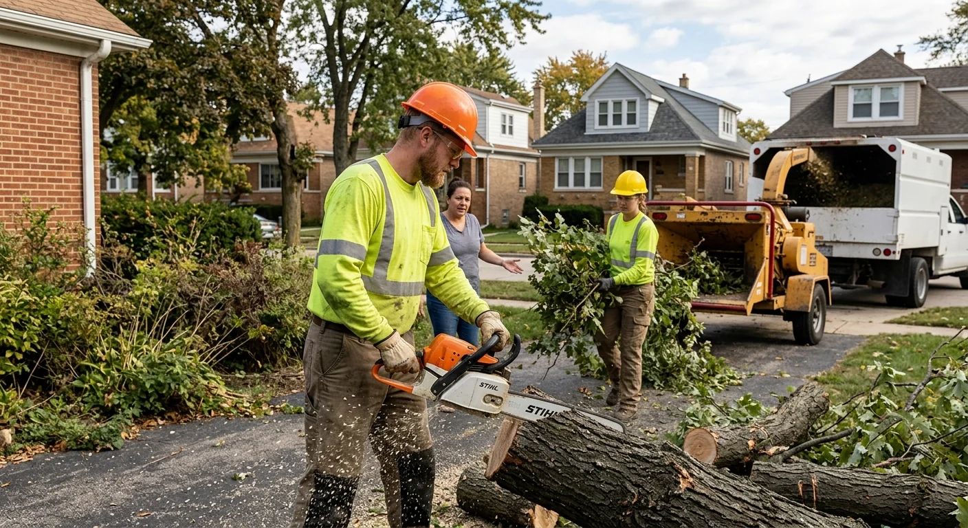 Arborist trimming a mature backyard tree on a Cicero residential street