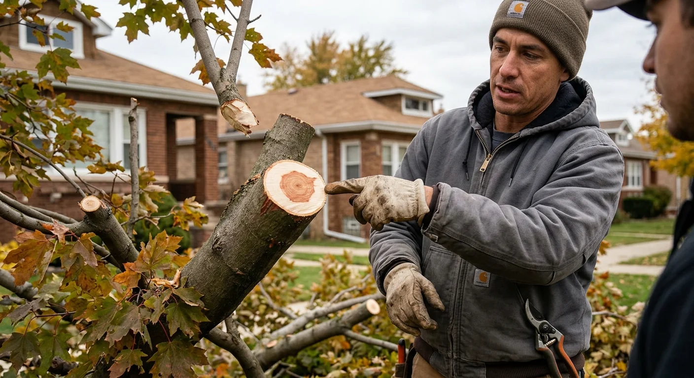 Close-up of clean pruning cut on a mature maple branch in Cicero