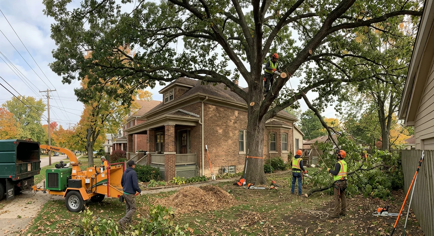 Wide view of a reshaped backyard oak canopy over an older Cicero home