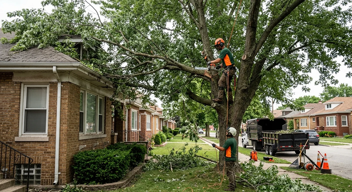Overgrown neglected tree crowding a roofline before trimming on a residential lot
