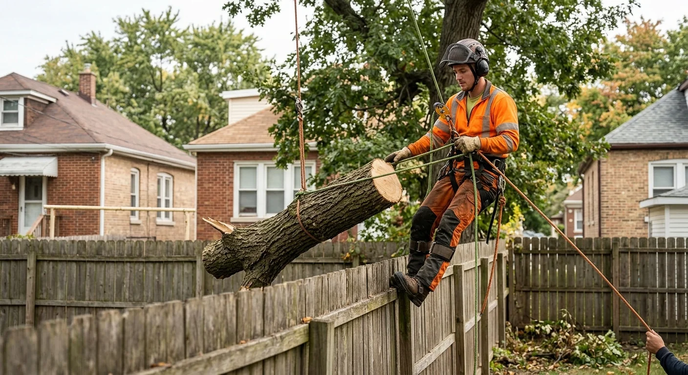 Arborist on ropes lowering a cut limb near a fence line during trimming
