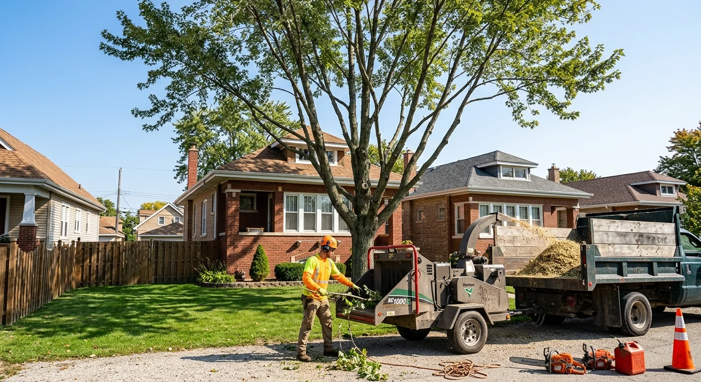 Balanced restored tree canopy with clear light after crown thinning in a neighborhood yard