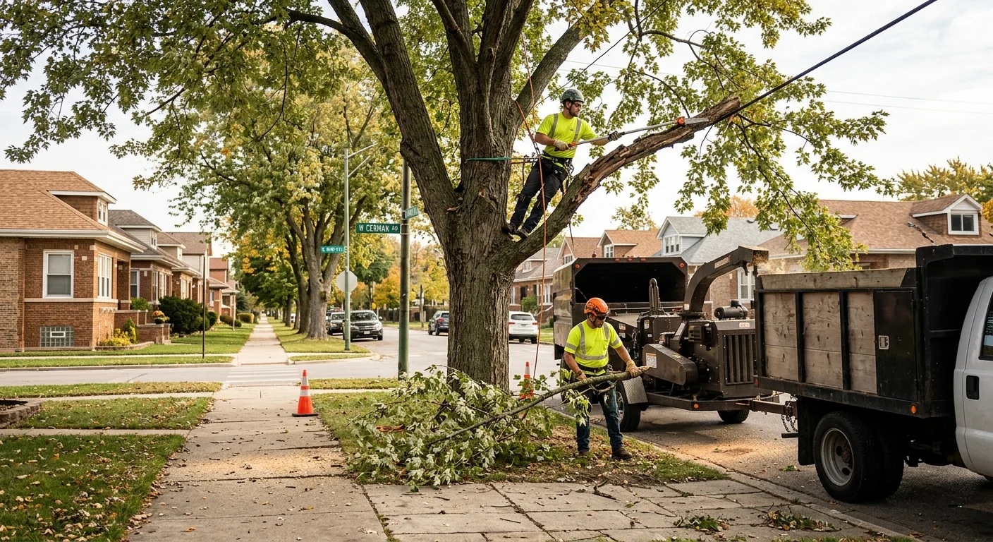 Parkway maple trimmed for clearance above a Cicero sidewalk and street
